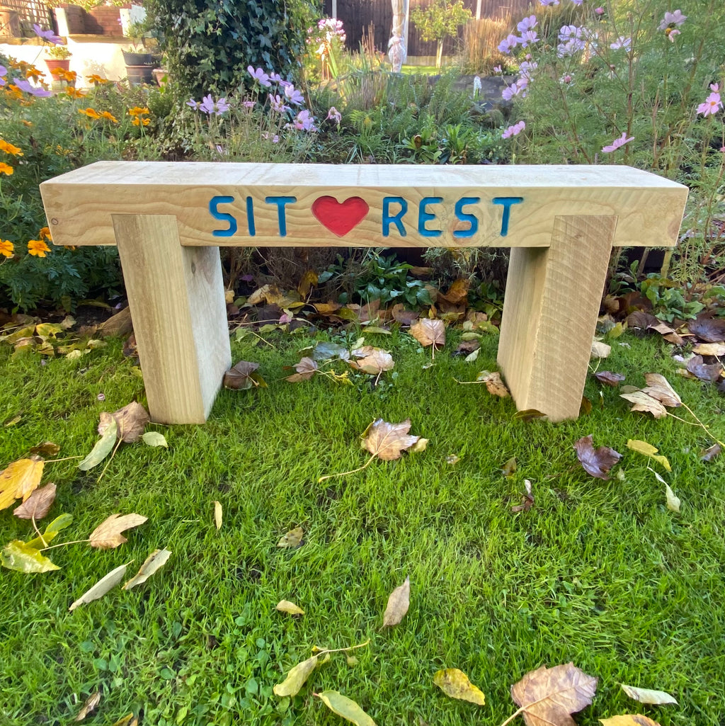 2 Seater Custom Engraved Wooden Rustic Garden Sleeper Bench L100cm H45cm W20cm