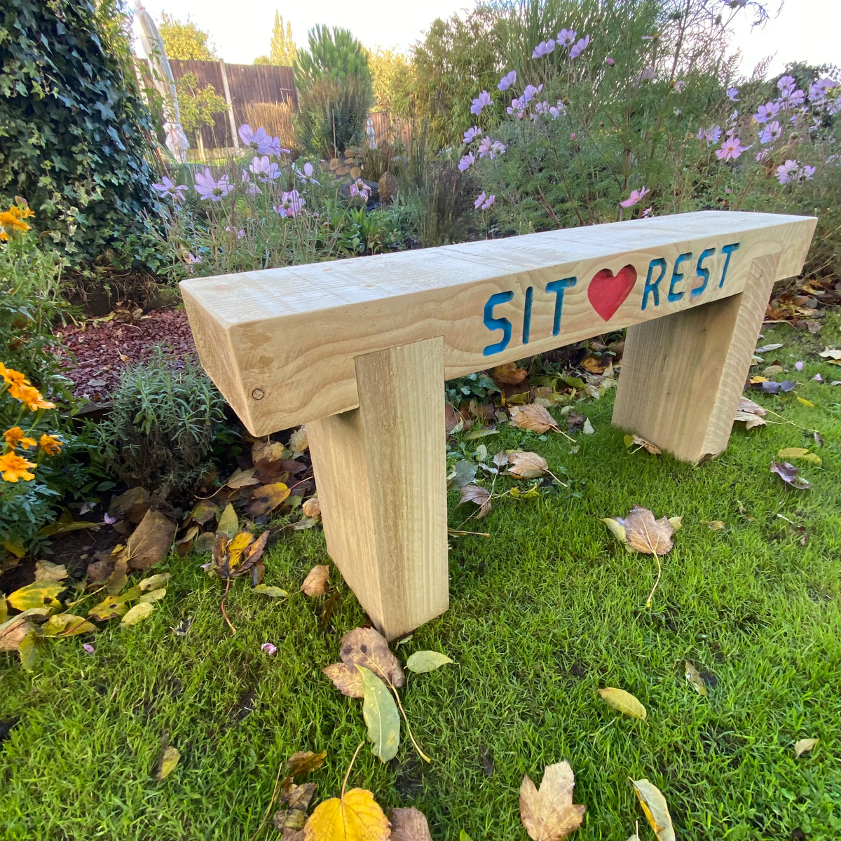 2 Seater Custom Engraved Wooden Rustic Garden Sleeper Bench L100cm H45cm W20cm