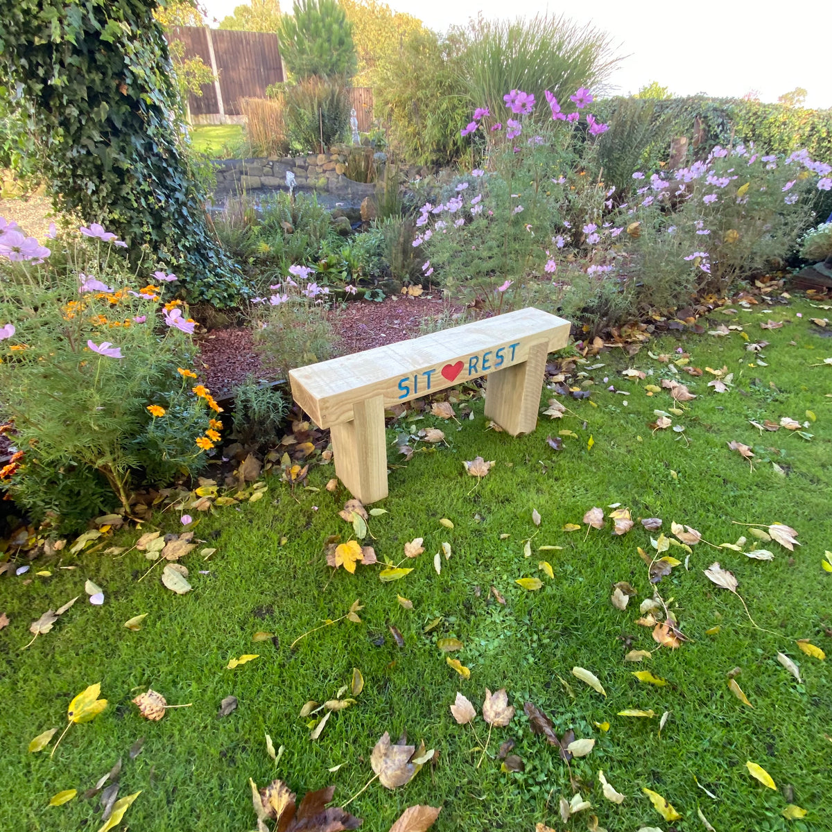 2 Seater Custom Engraved Wooden Rustic Garden Sleeper Bench L100cm H45cm W20cm