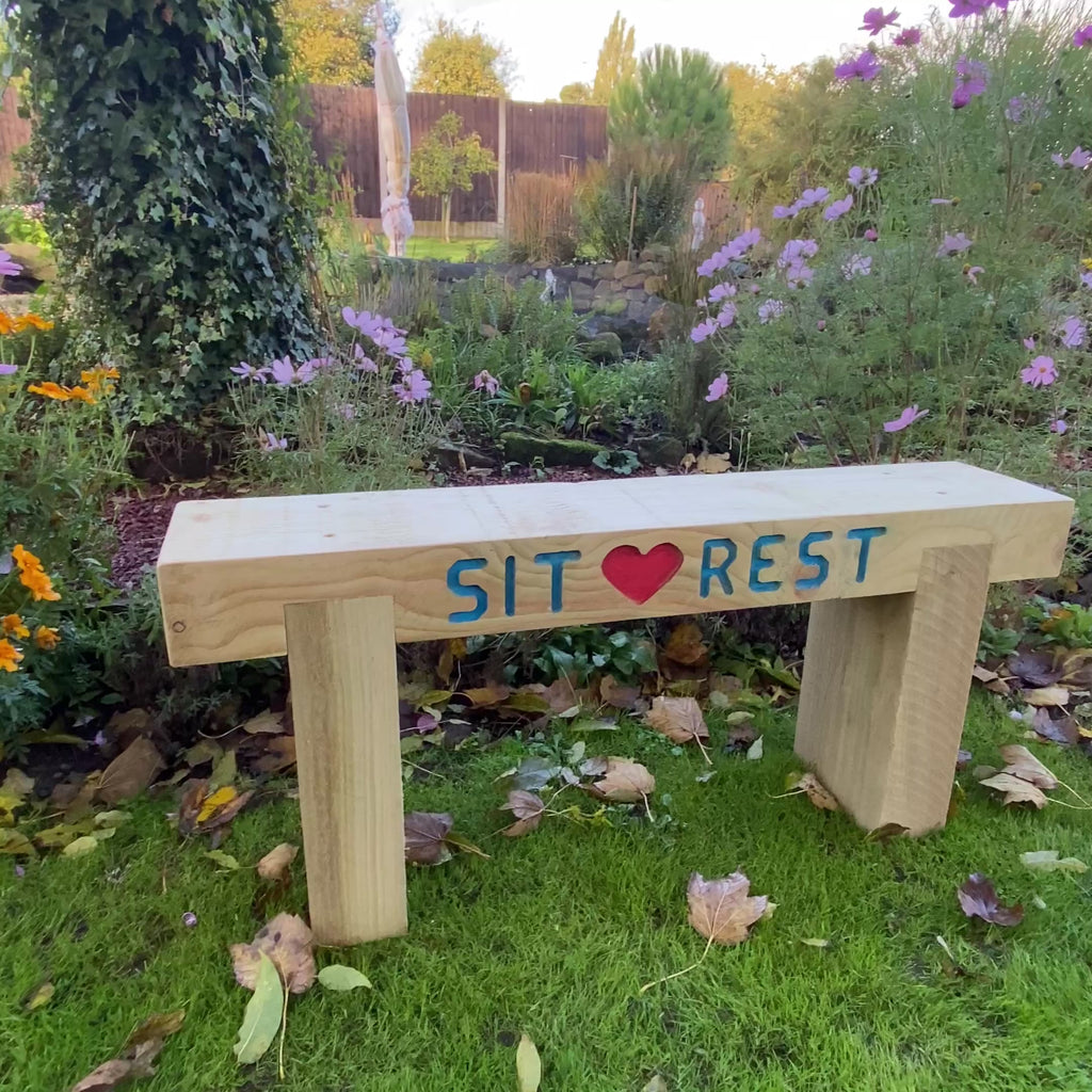 2 Seater Custom Engraved Wooden Rustic Garden Sleeper Bench L100cm H45cm W20cm